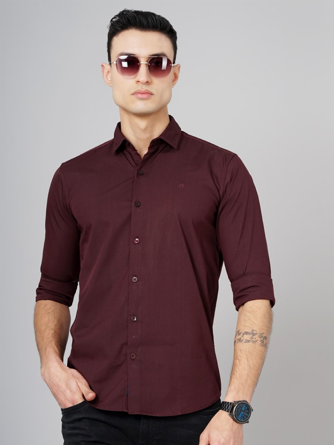 

PAUL STREET Spread Collar Cotton Slim Fit Casual Shirt, Maroon