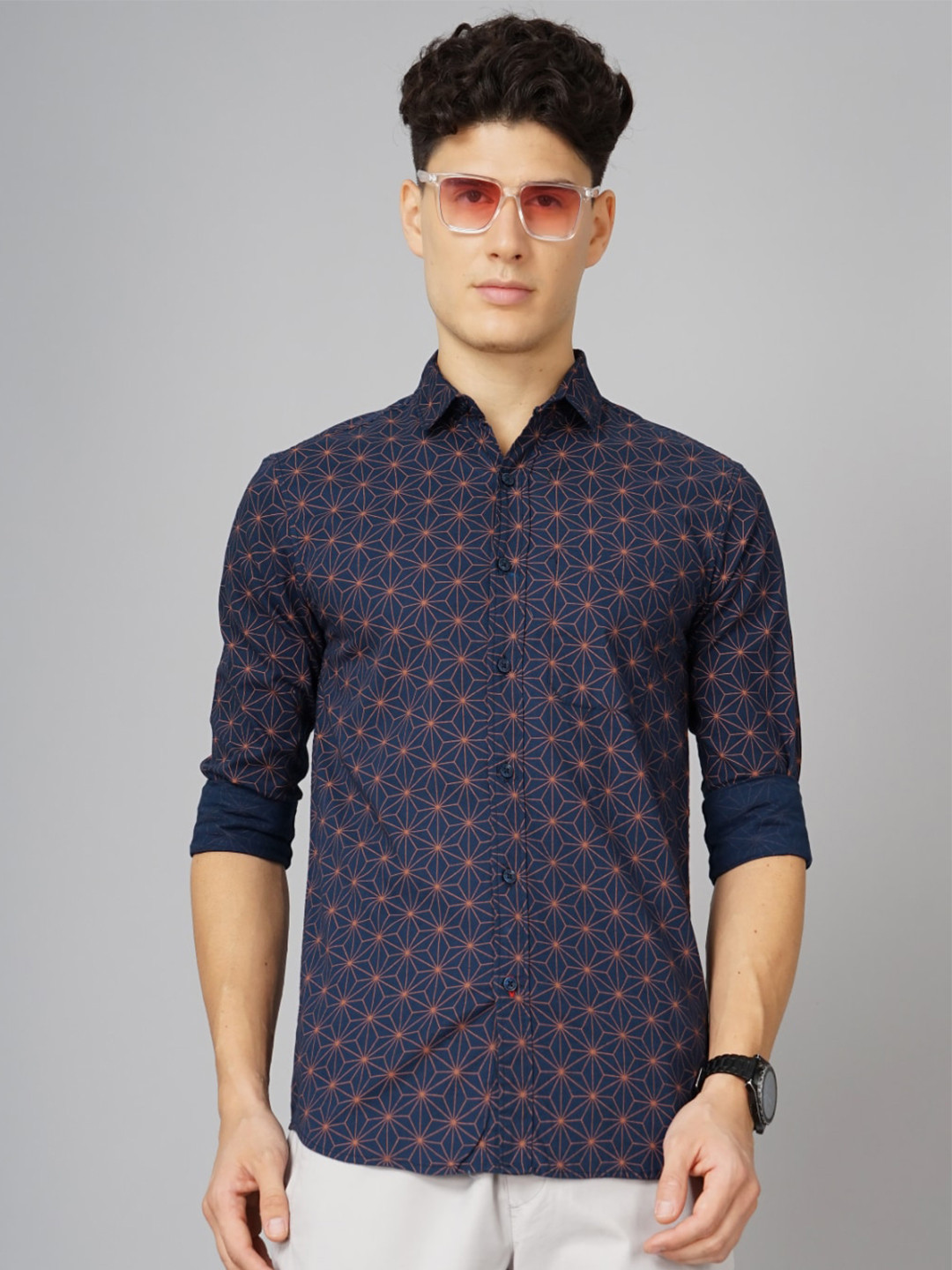 

PAUL STREET Standard Slim Fit Geometric Printed Spread Collar Cotton Casual Shirt, Navy blue
