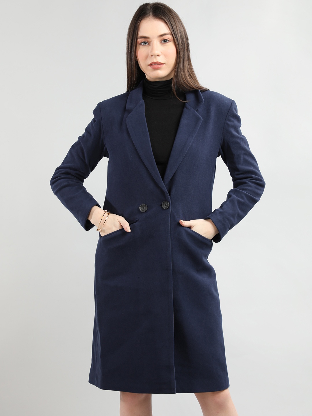 

Dlanxa Doble Breasted Woolen Longline Overcoat, Navy blue