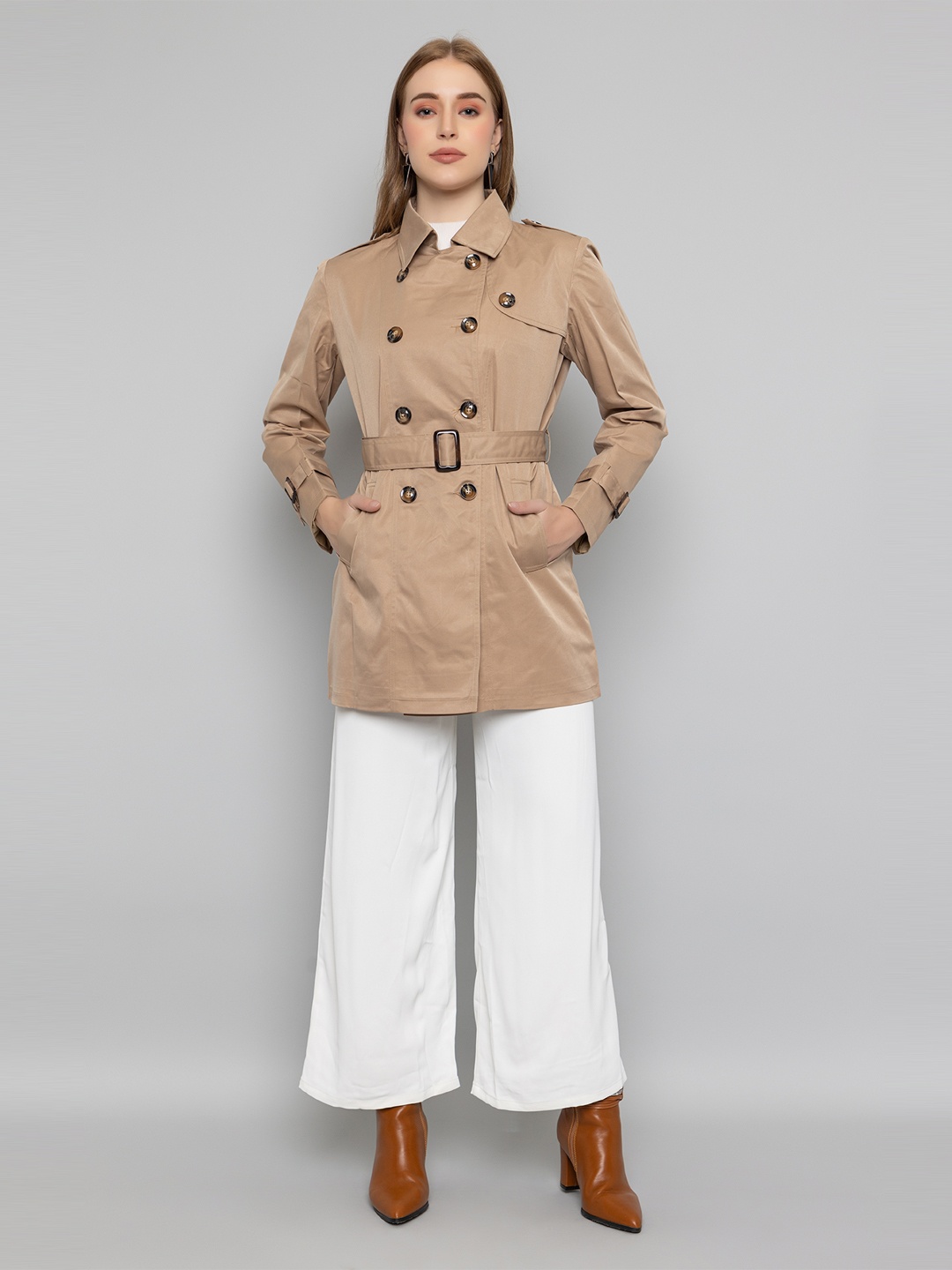 

Dlanxa Spread Collar Shoulder Tabs Detail Longline Woolen Trench Coat, Camel brown