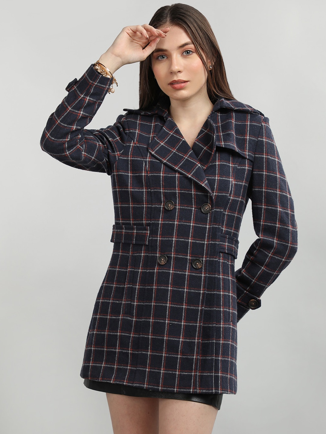 

Dlanxa Checked Notched Lapel Shoulder Tabs Detail Longline Woolen Trench Coat, Navy blue