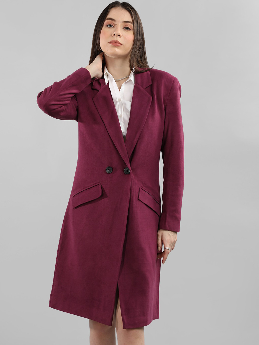 

Dlanxa Notched Lapel Longline Woolen Overcoat, Purple