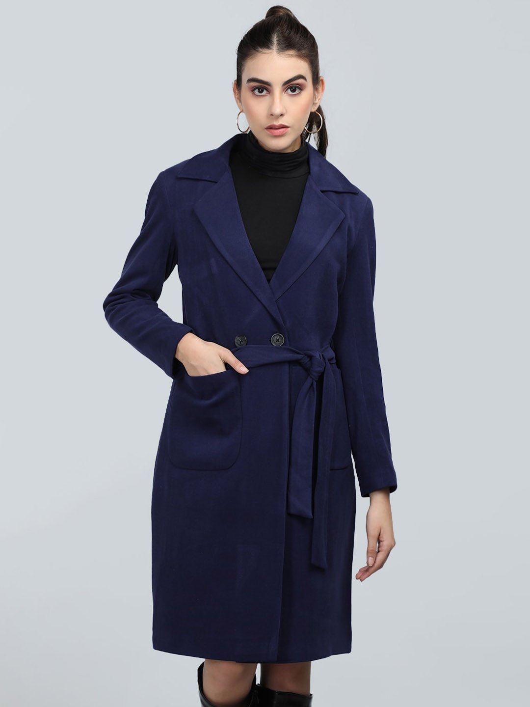 

Dlanxa Notched Lapel Longline Woolen Overcoats, Navy blue