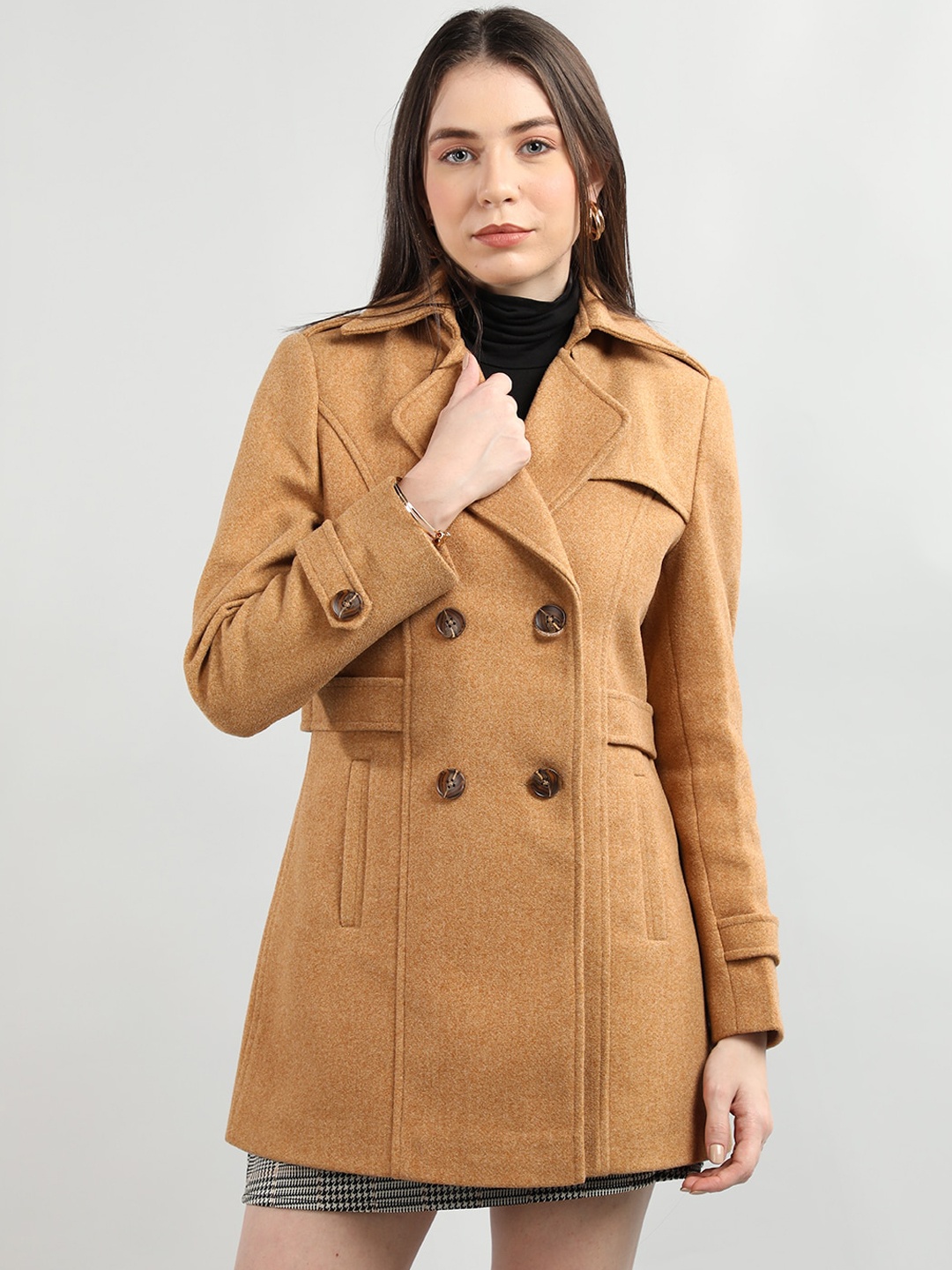 

Dlanxa Double Breasted Woollen Longline Pea Coat, Camel brown