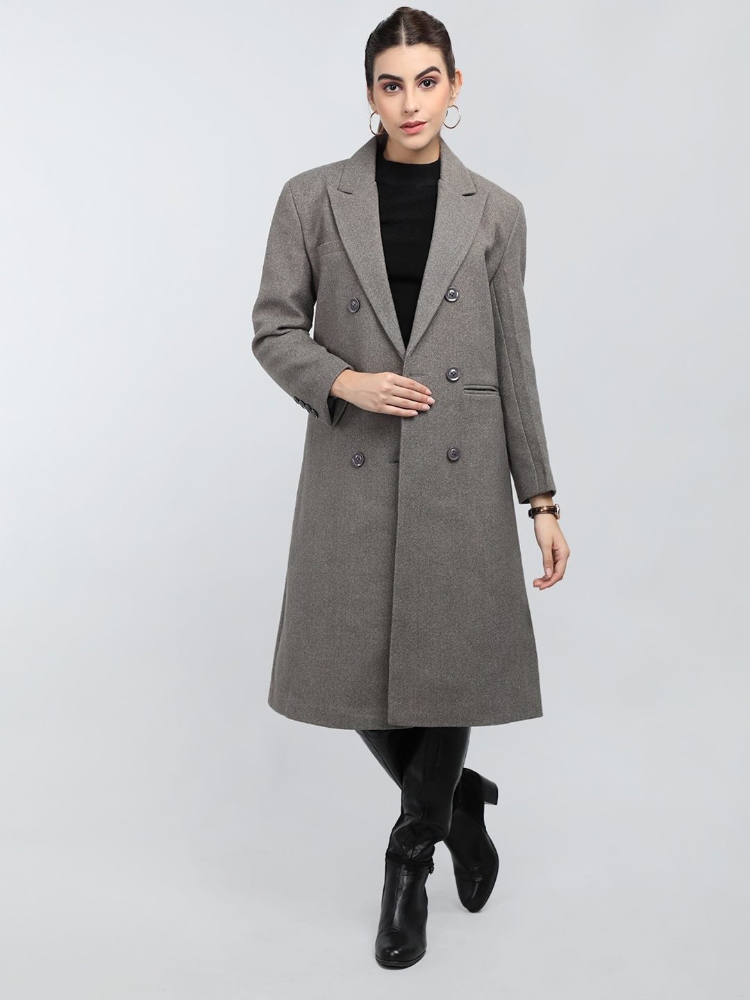 

Dlanxa Notched Lapel Longline Woolen Overcoat, Grey
