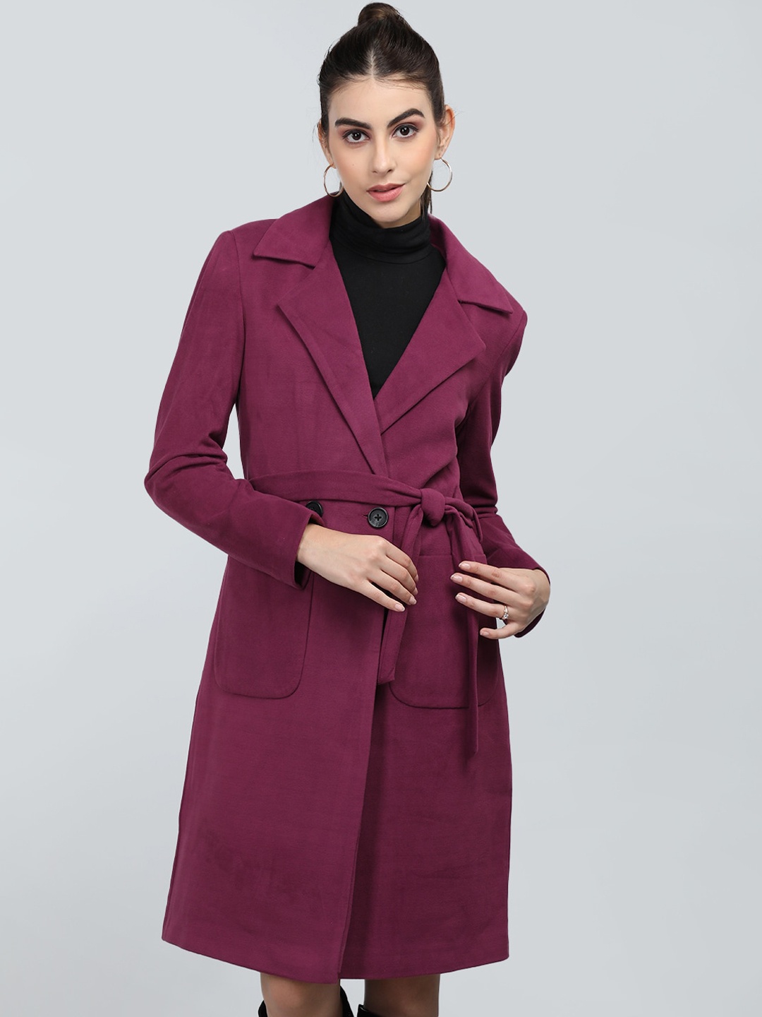 

Dlanxa Double Breasted Woolen Trench Coats With Belt, Purple