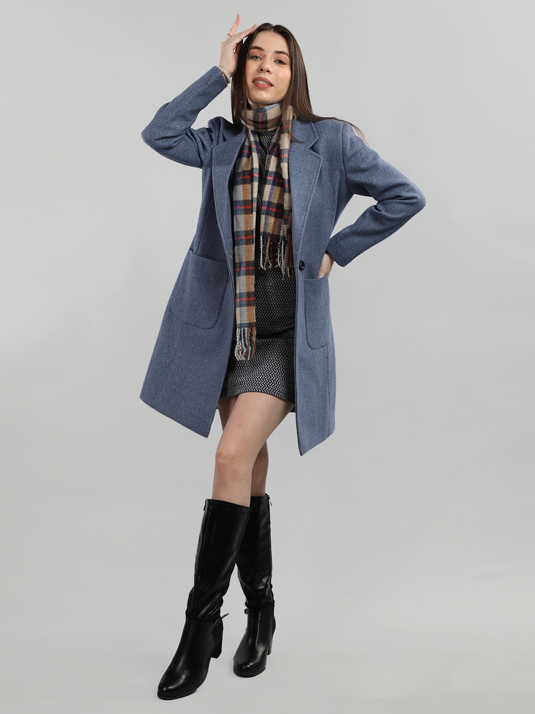 

Dlanxa Notched Lapel Longline Woolen Overcoats, Blue