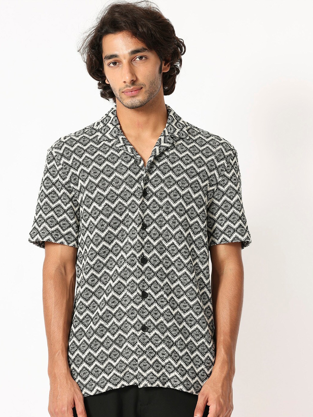 

RARE RABBIT Men Stretch Slim Fit Geometric Printed Cotton Shirt, Black