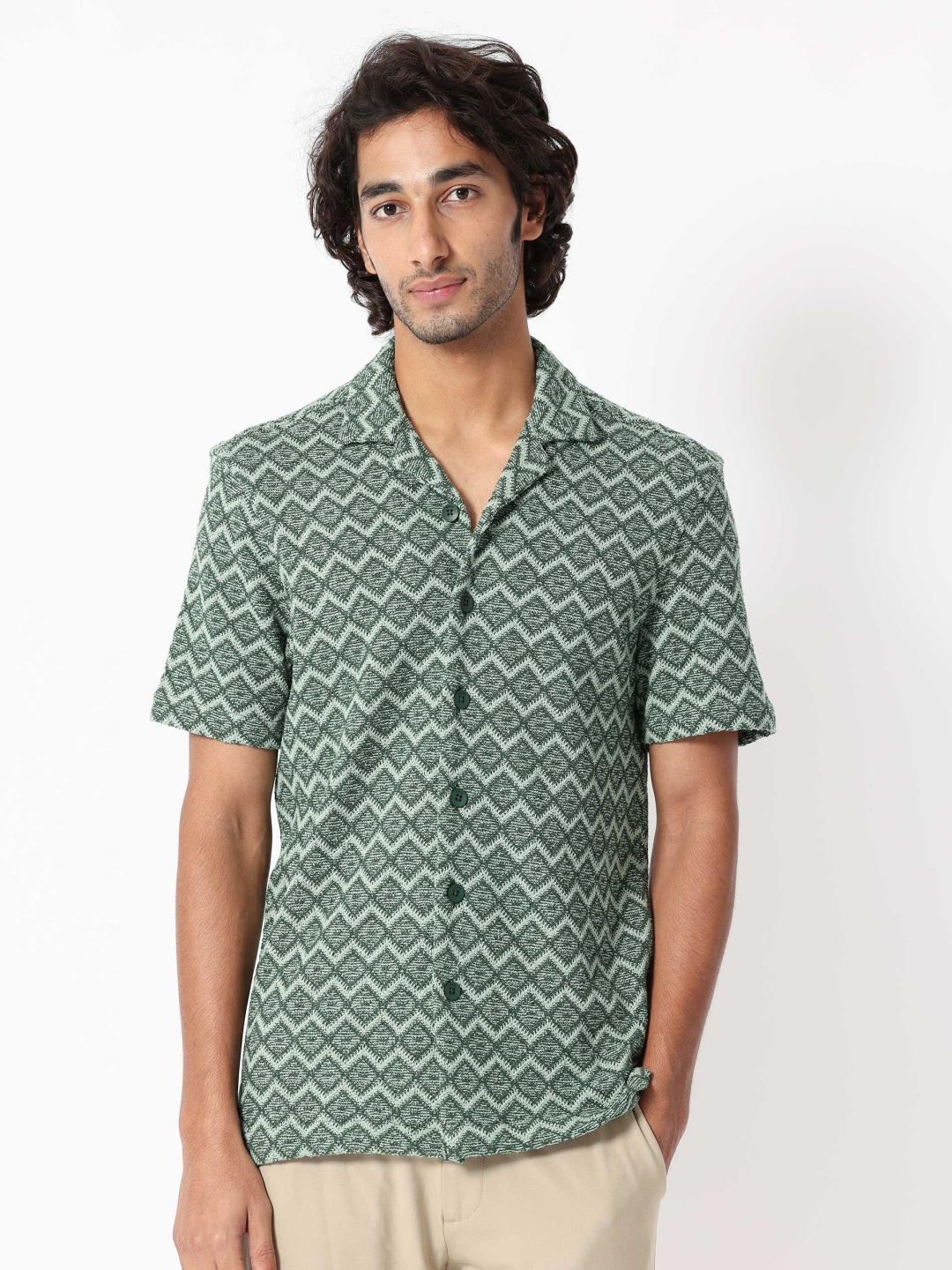 

RARE RABBIT Men Stretch Slim Fit Geometric Printed Cotton Shirt, Green