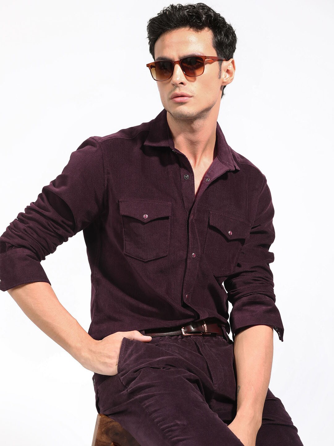 

RARE RABBIT Men Cordini Regular Fit Spread Collar Cotton Shirt, Maroon