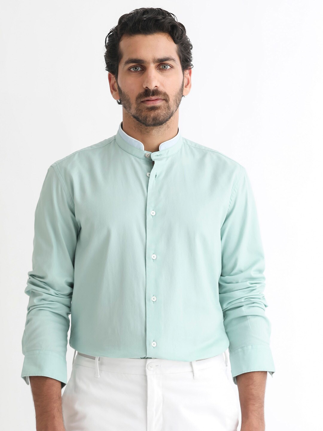 

RARE RABBIT Men Tehran Slim Fit Band Collar Cotton Shirt, Green