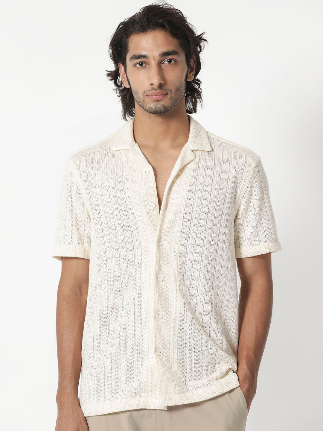 

RARE RABBIT Men Reach Regular Fit Vertical Stripes Shirt, Off white