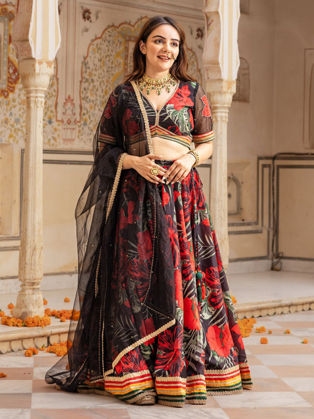 

Ambraee Floral Printed Gotta Patti Ready to Wear Lehenga & Blouse With Dupatta, Black