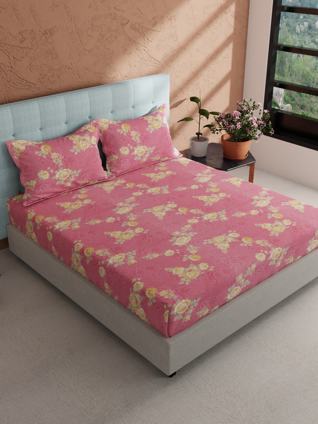 

BIANCA Giodeno Pink & Yellow Floral Pure Cotton 144 TC King Bedsheet & 2 Pillow Covers
