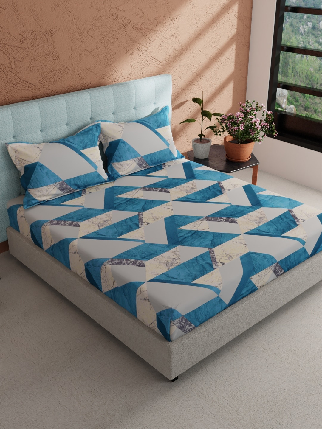 

BIANCA Teal Blue & White Geometric Pure Cotton 144 TC King Bedsheet with 2 Pillow Covers
