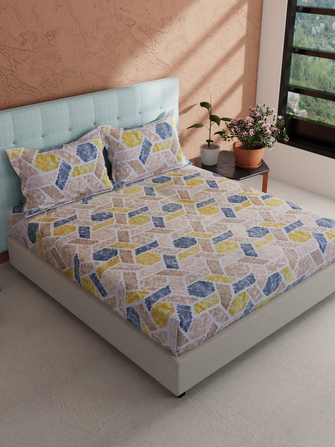 

BIANCA Giodeno Beige & Blue Geometric Pure Cotton 144 TC King Bedsheet & 2 Pillow Covers