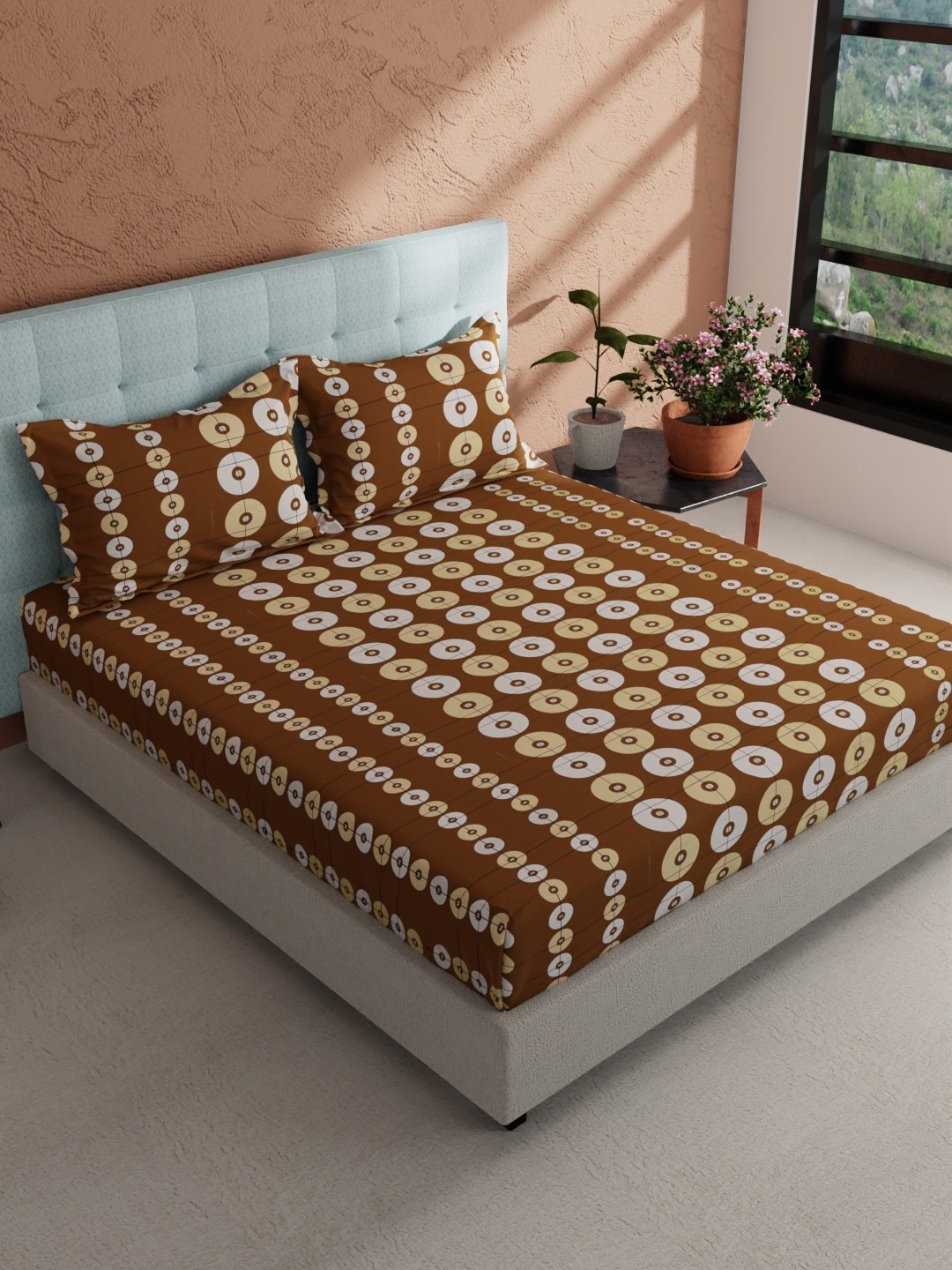 

BIANCA Giodeno Brown & White Printed Pure Cotton 144 TC King Bedsheet With 2 Pillow Covers