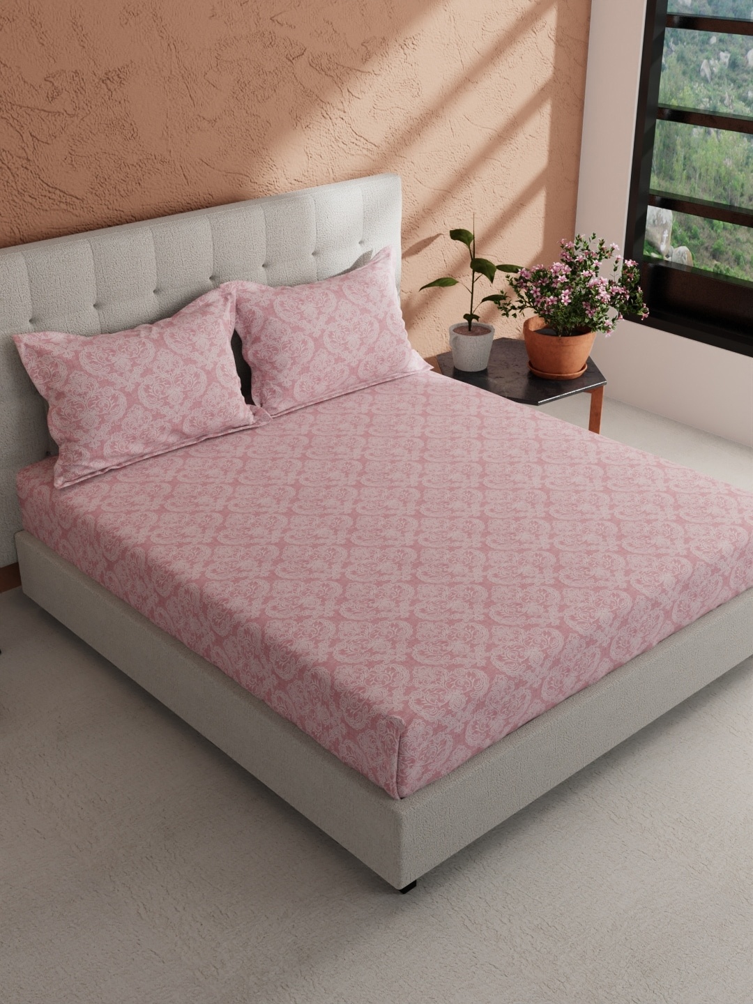 

BIANCA Pink & White Pure Cotton 144 TC King Bedsheet with 2 Pillow Covers