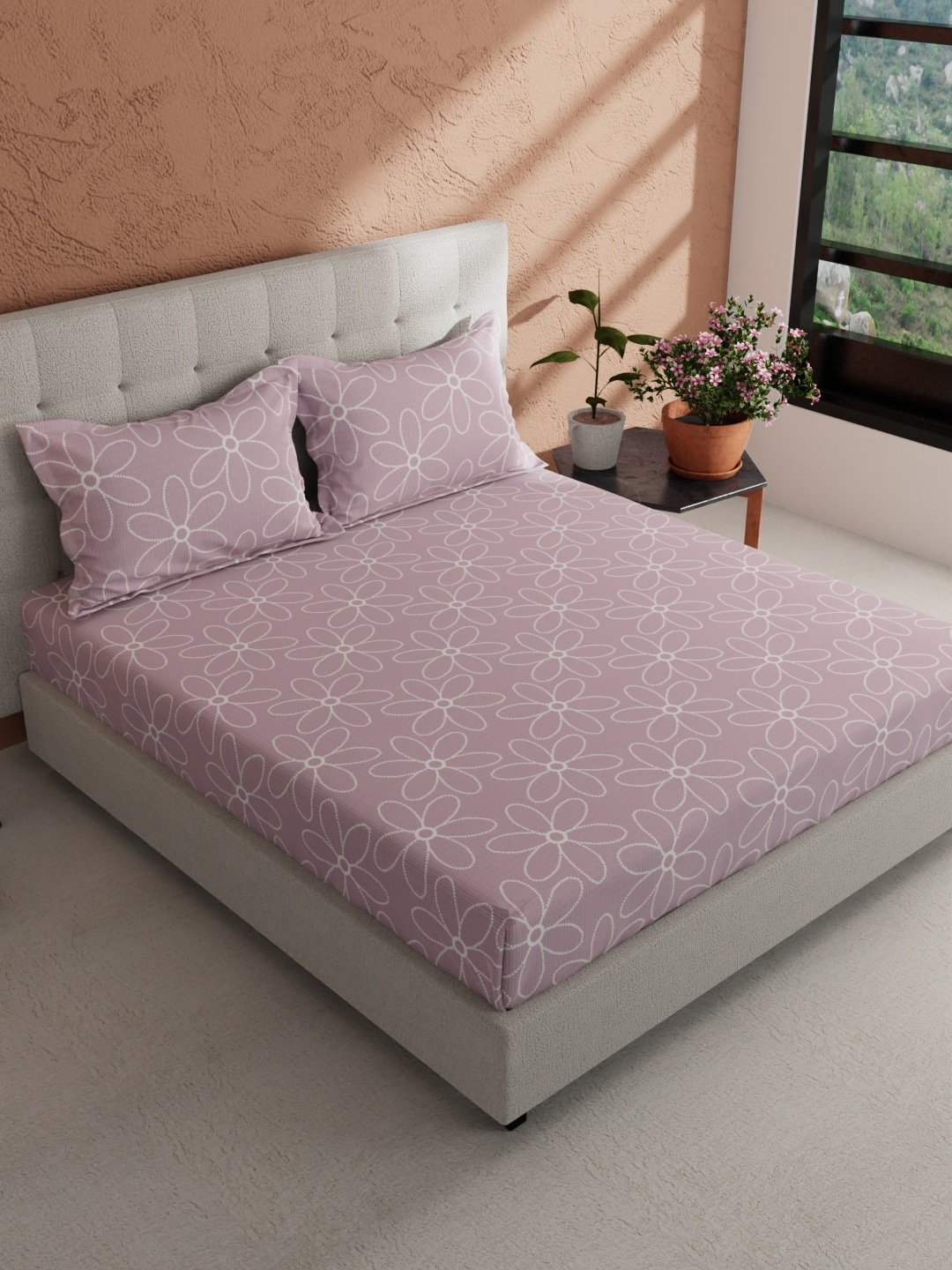 

BIANCA Giodeno Purple & White Floral Pure Cotton 144 TC King Bedsheet & 2 Pillow Covers