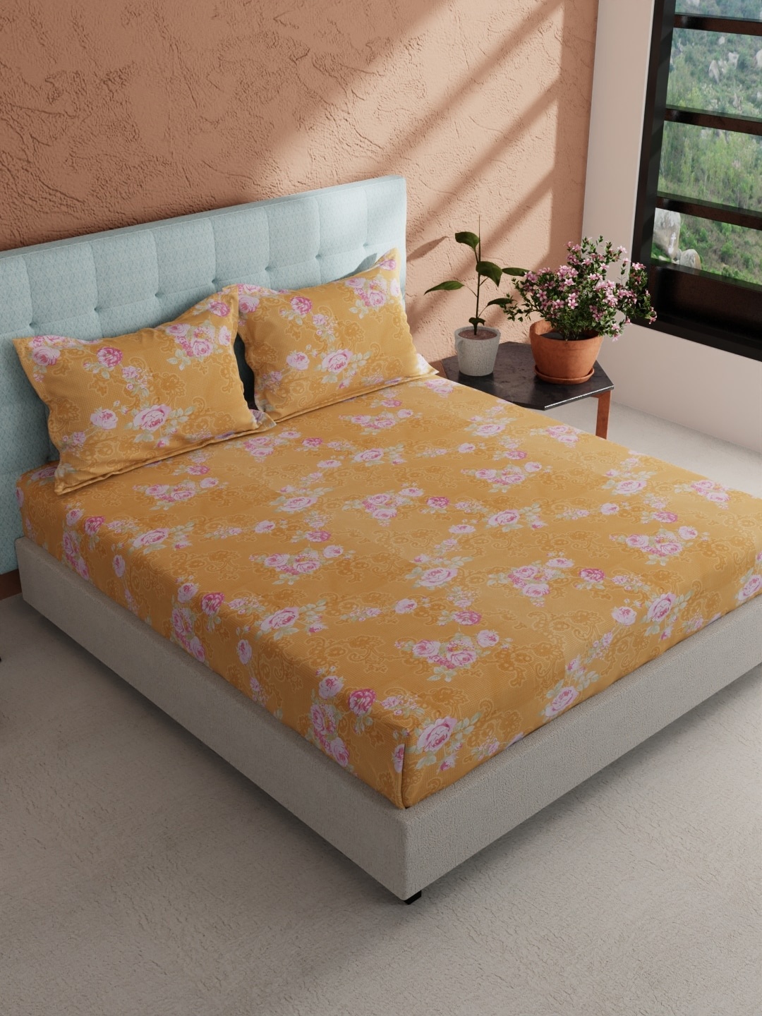 

BIANCA Yellow & Pink Floral Pure Cotton 144 TC King Bedsheet with 2 Pillow Covers