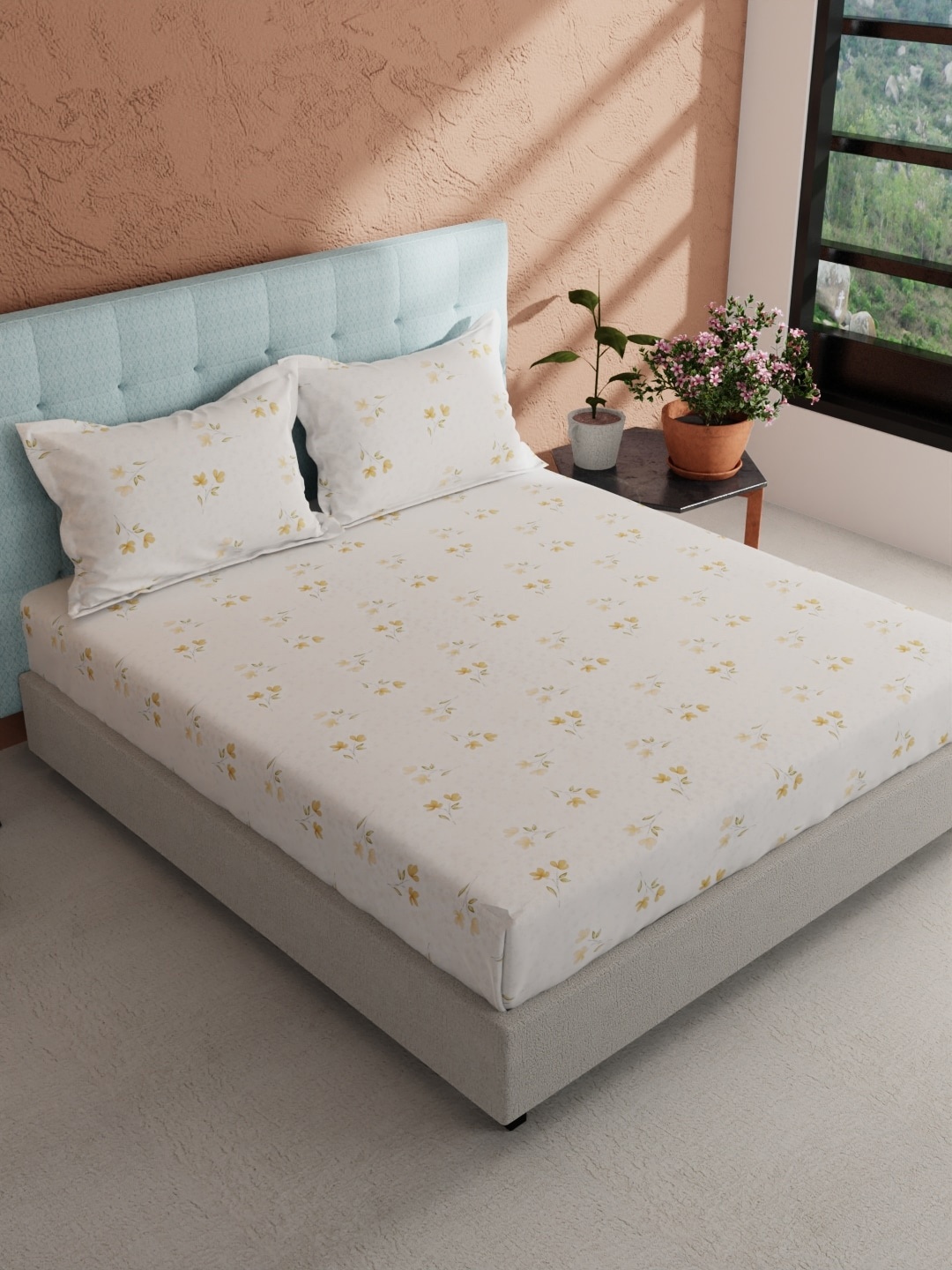 

BIANCA Giodeno Off White & Yellow Floral Cotton 144 TC King Bedsheet With 2 Pillow Covers