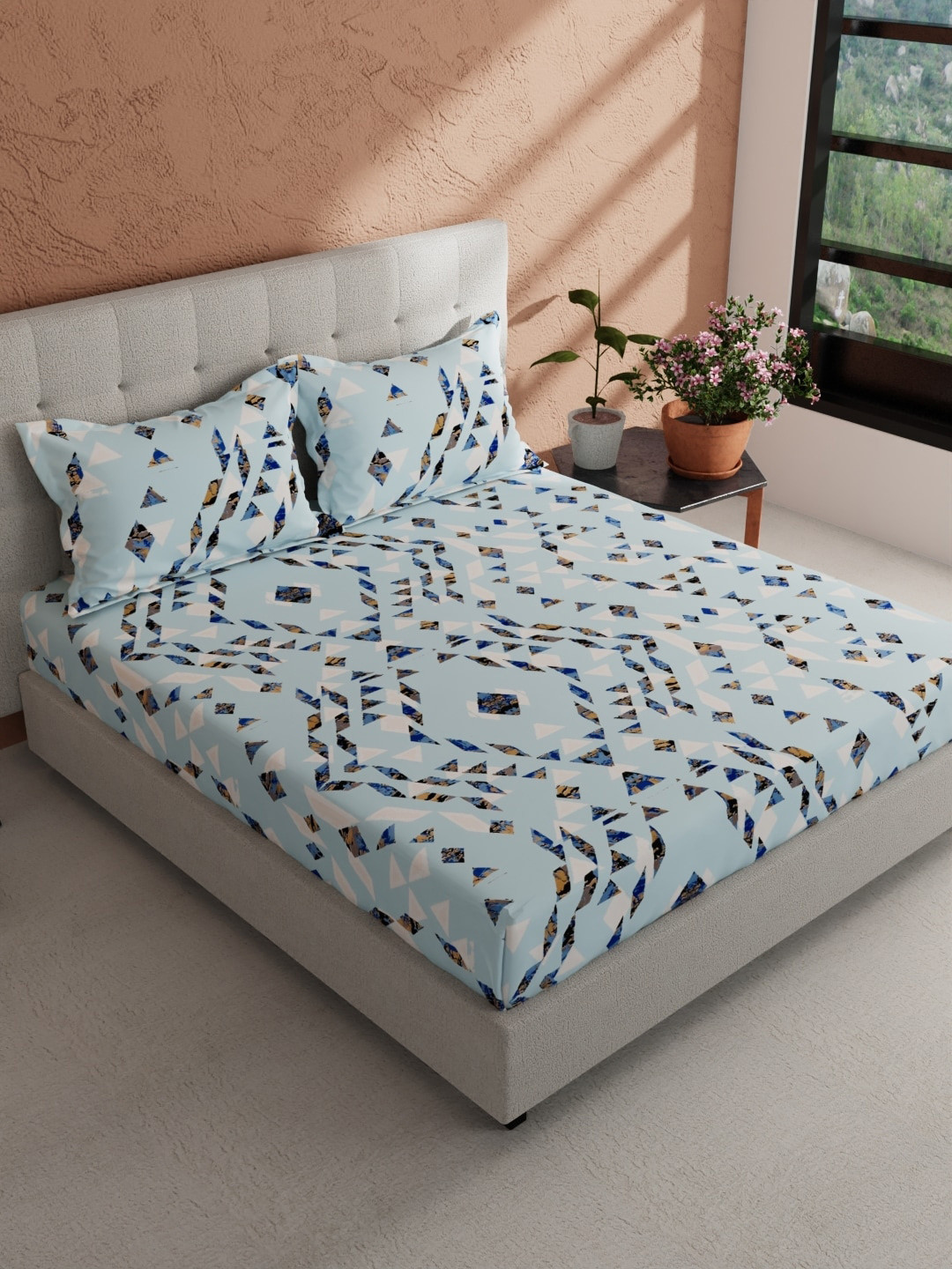 

BIANCA Giodeno Blue & Yellow Geometric Cotton 144 TC King Bedsheet With 2 Pillow Covers