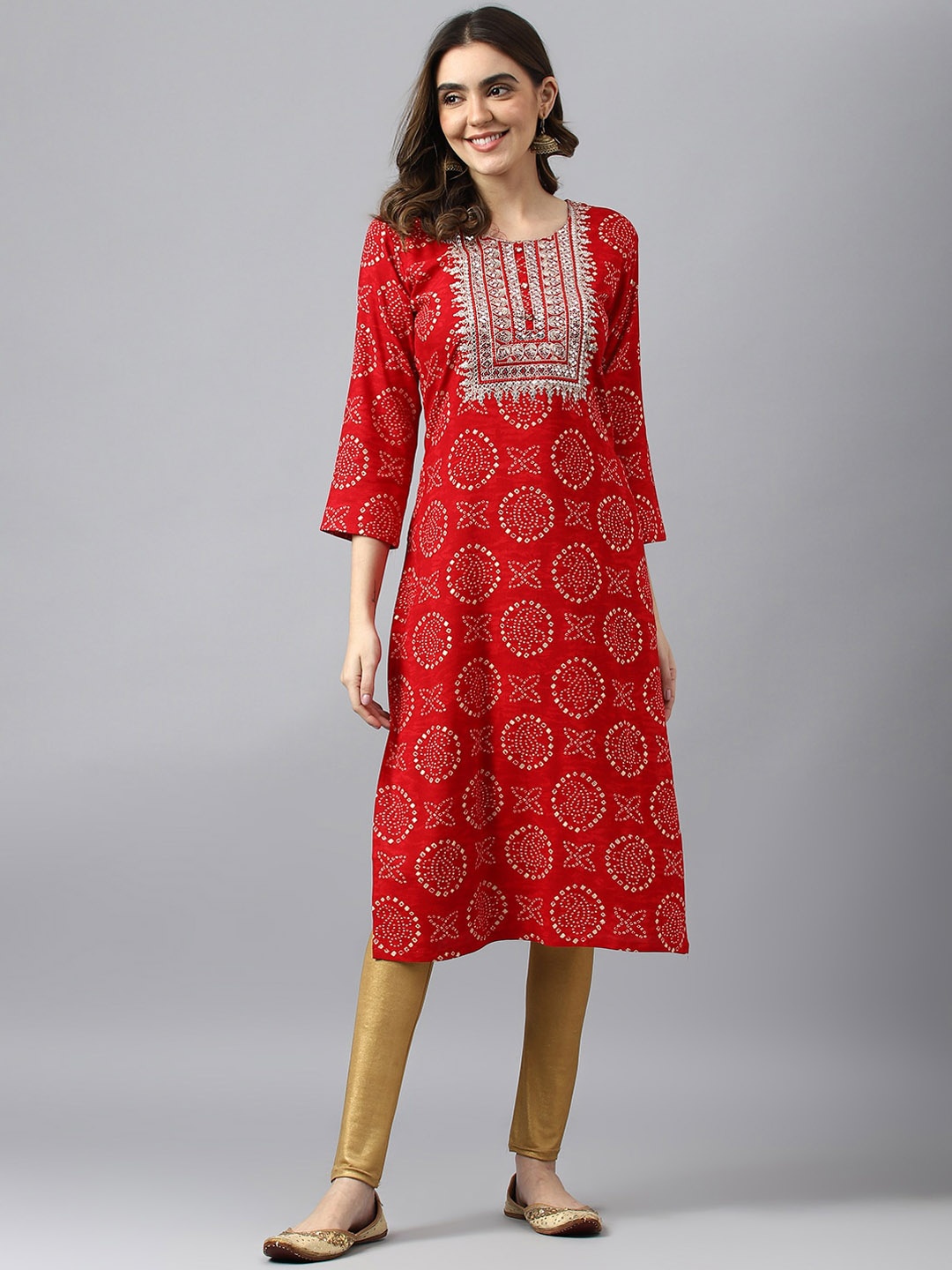 

Sangria Bandhani Printed Sequinned A-Line Kurta, Red