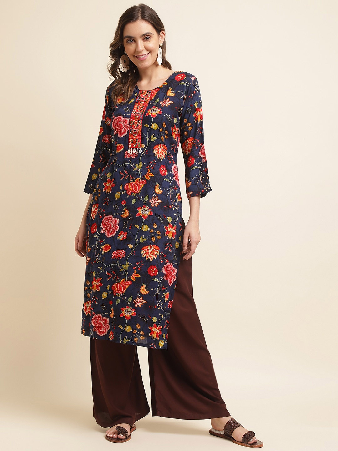 

Sangria Floral Printed Mirror Work Straight Kurta, Navy blue