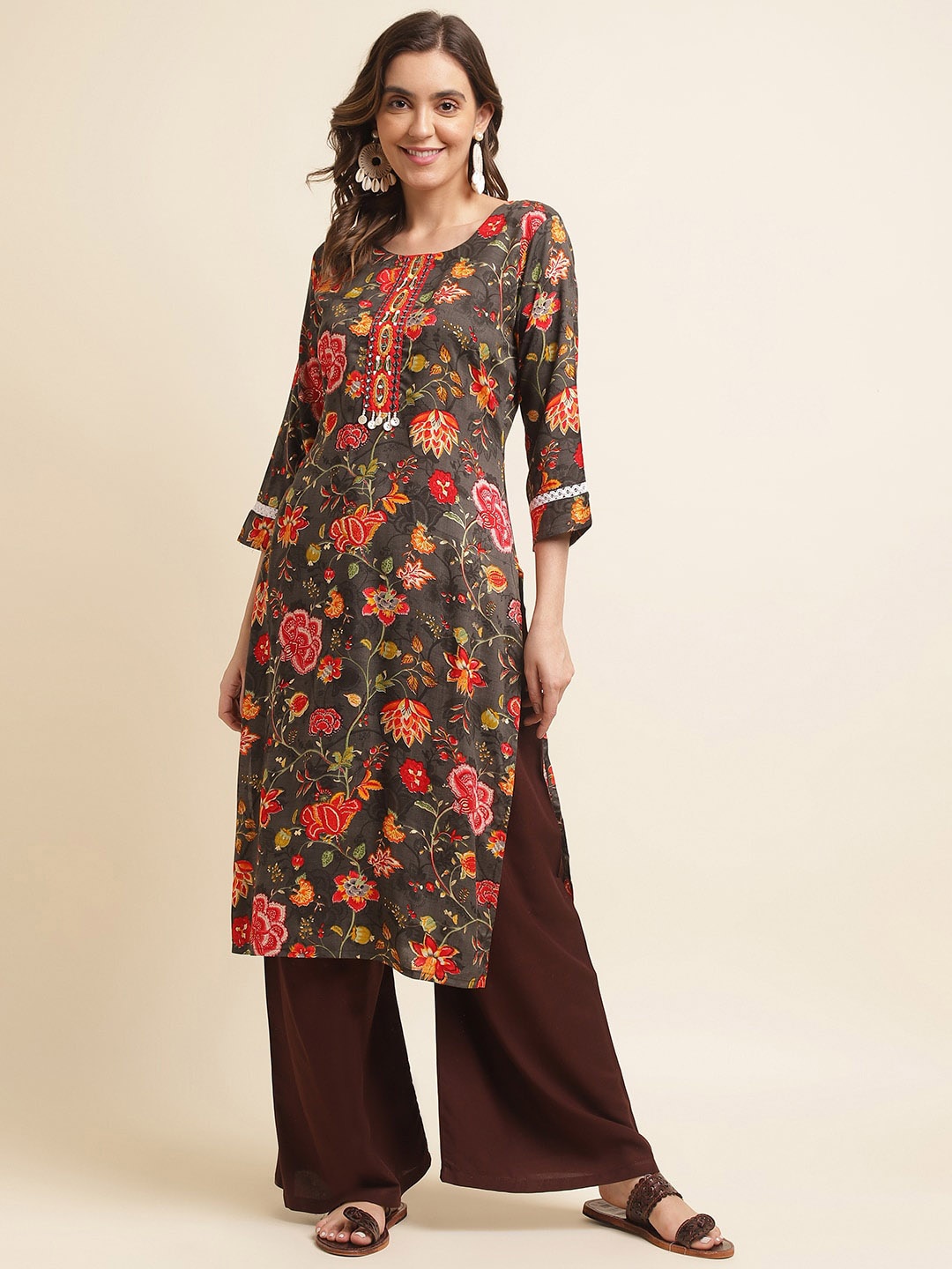 

Sangria Floral Printed Mirror Work Straight Kurta, Grey