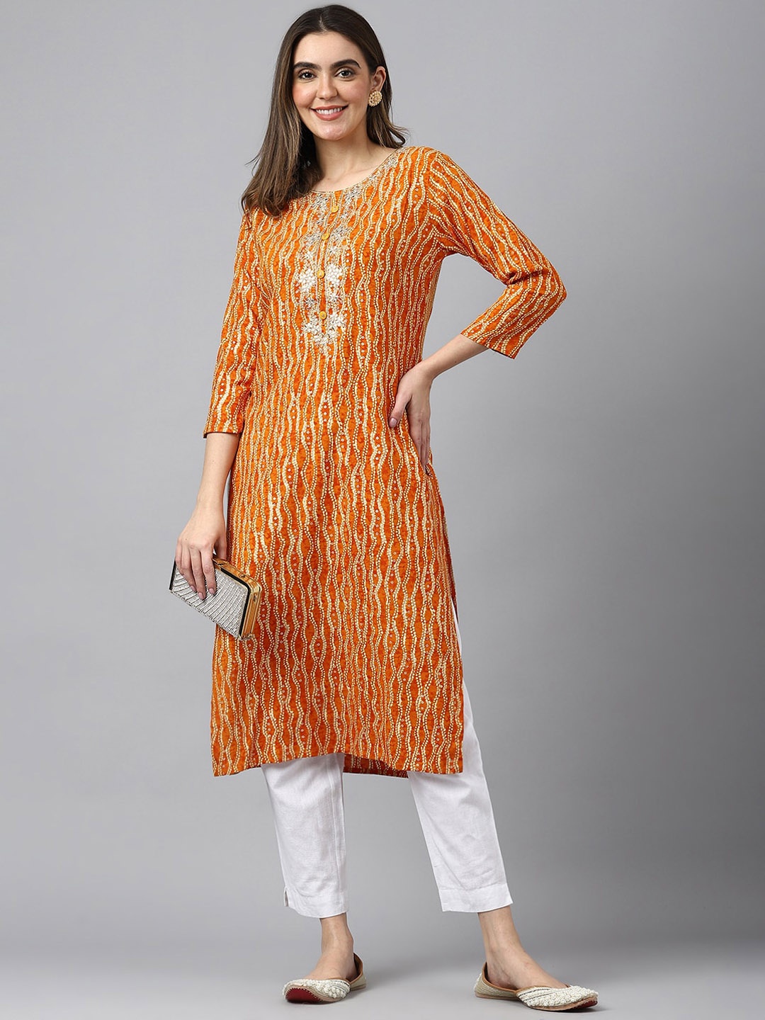 

Sangria Abstract Printed Thread Work Straight Kurta, Orange