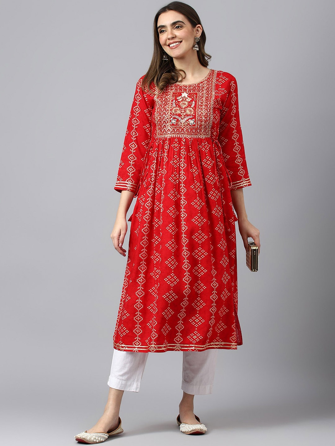 

Sangria Bandhani Printed Sequinned Pleated A-Line Kurta, Red