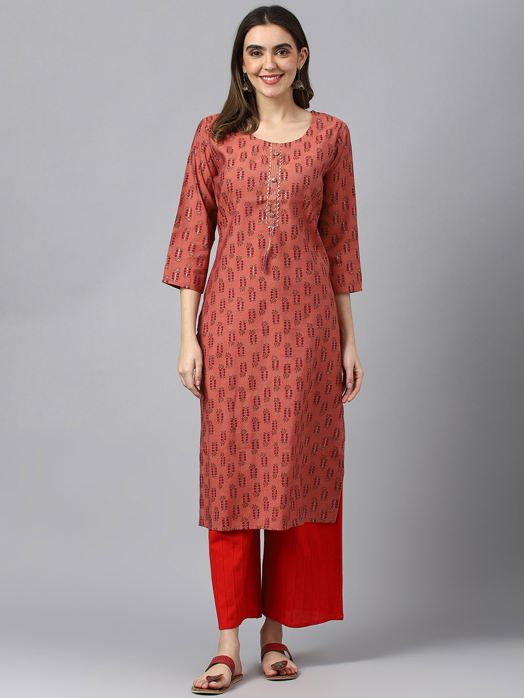 

Sangria Flora Printed Round Neck Straight Kurtas, Red