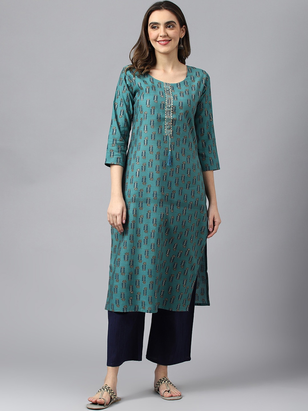 

Sangria Ethnic Motifs Printed Gotta Patti Straight Kurta, Teal