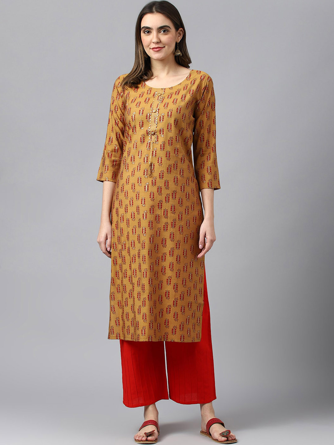 

Sangria Ethnic Motifs Printed Gotta Patti Straight Kurta, Mustard