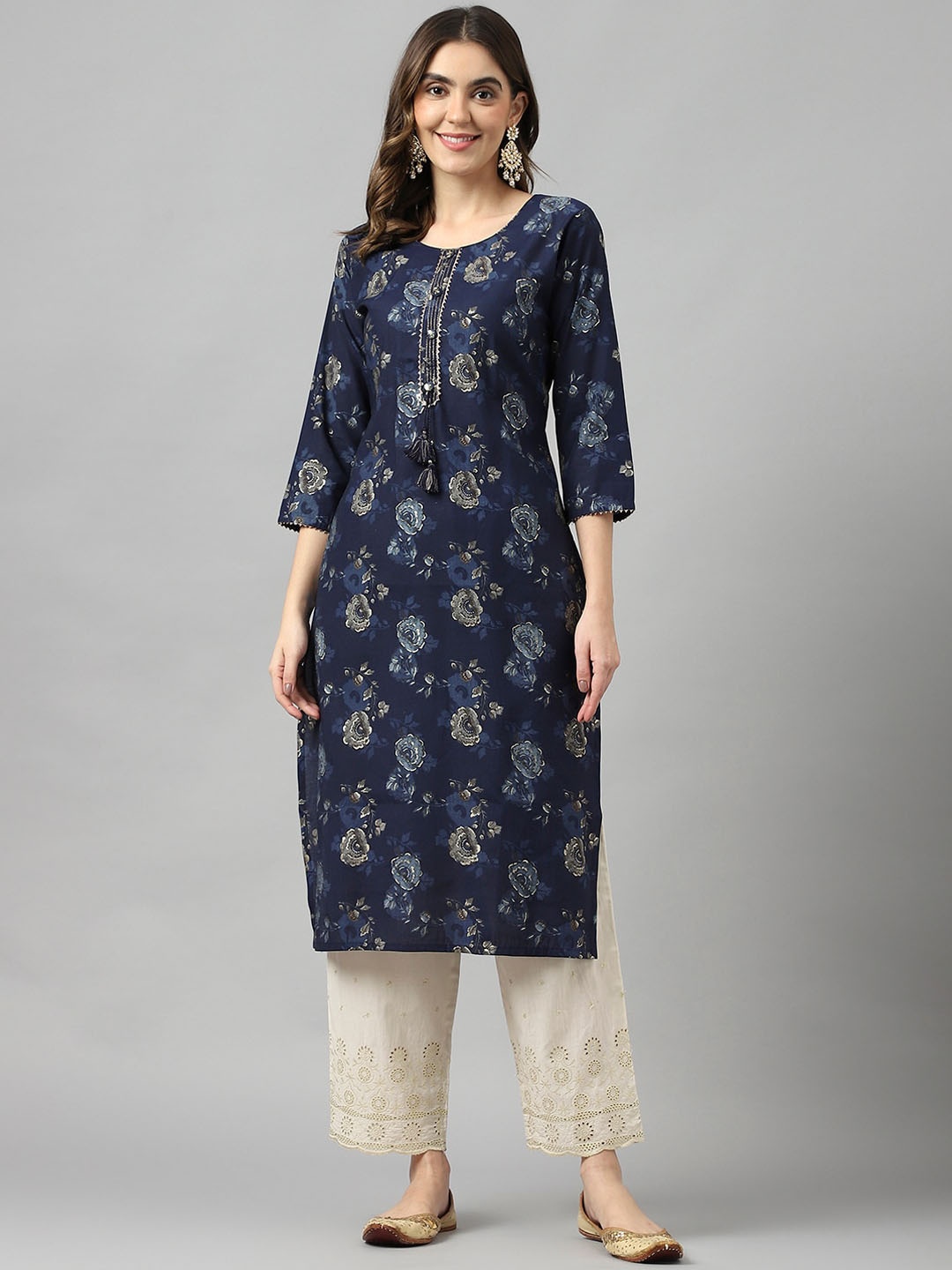 

Sangria Floral-Printed Round Neck Straight Kurta, Navy blue