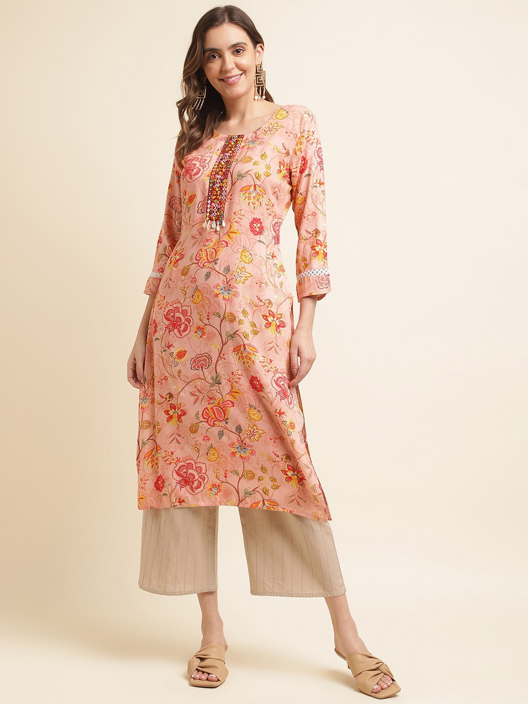 

Sangria Floral Printed Mirror Work Straight Kurta, Pink