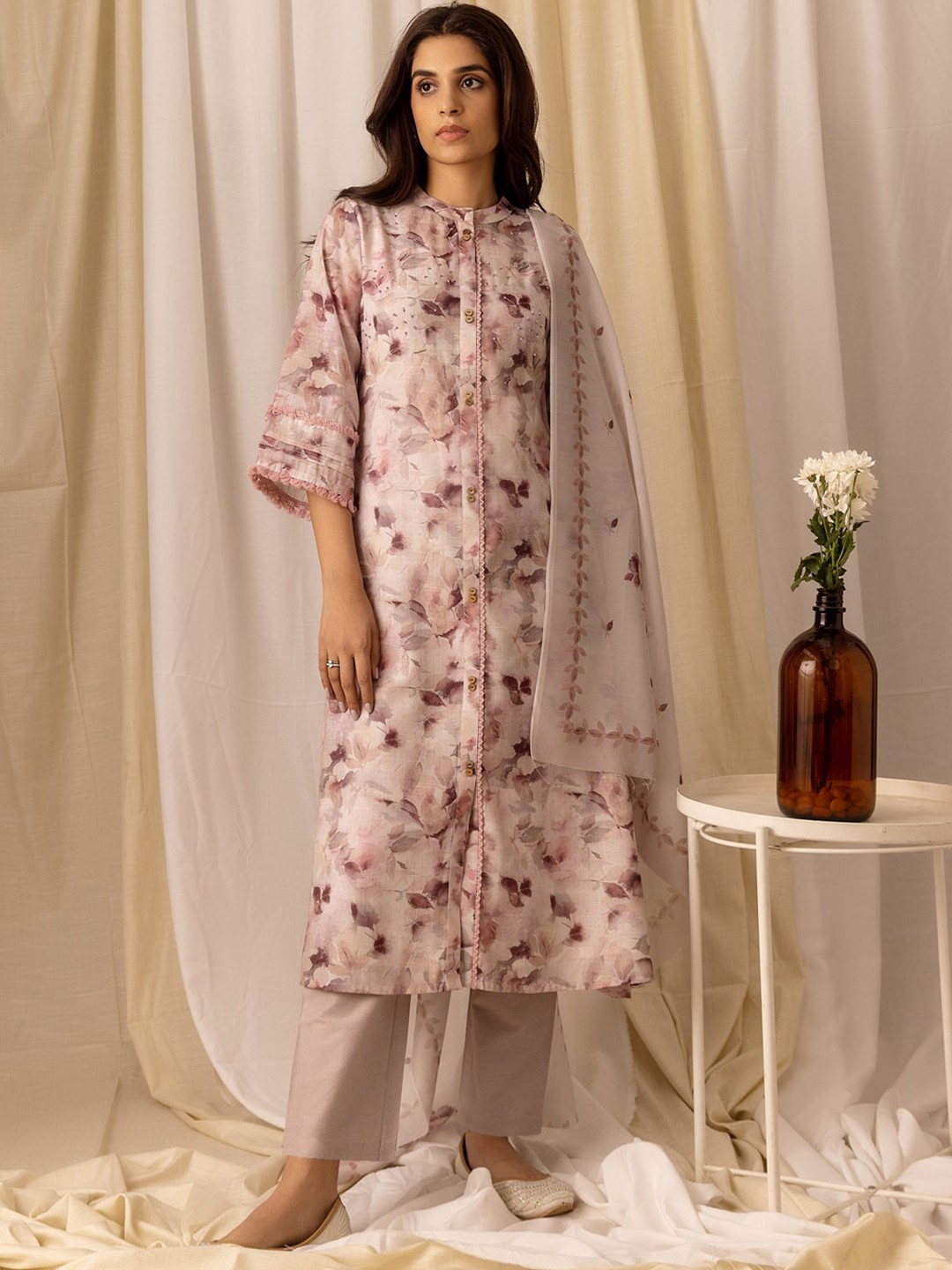 

Sangria Burgundy Floral Printed Beads And Stones Kurta With Trouser & Dupatta