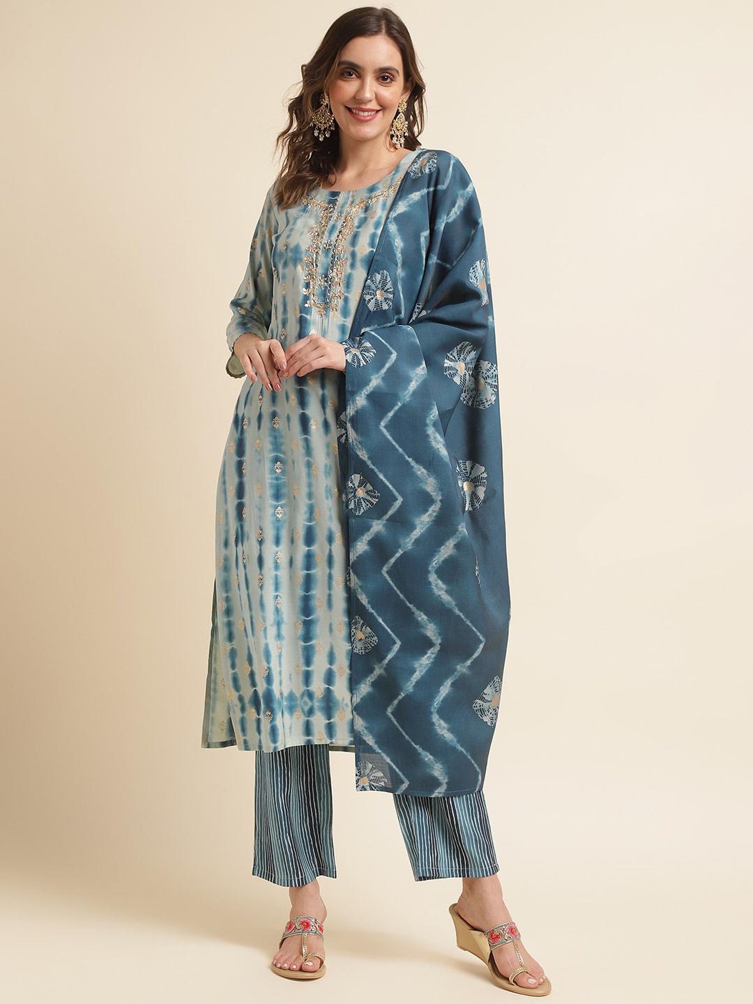 

Sangria Blue Ethnic Motifs Printed Gotta Patti Straight Kurta With Trouser & Dupatta