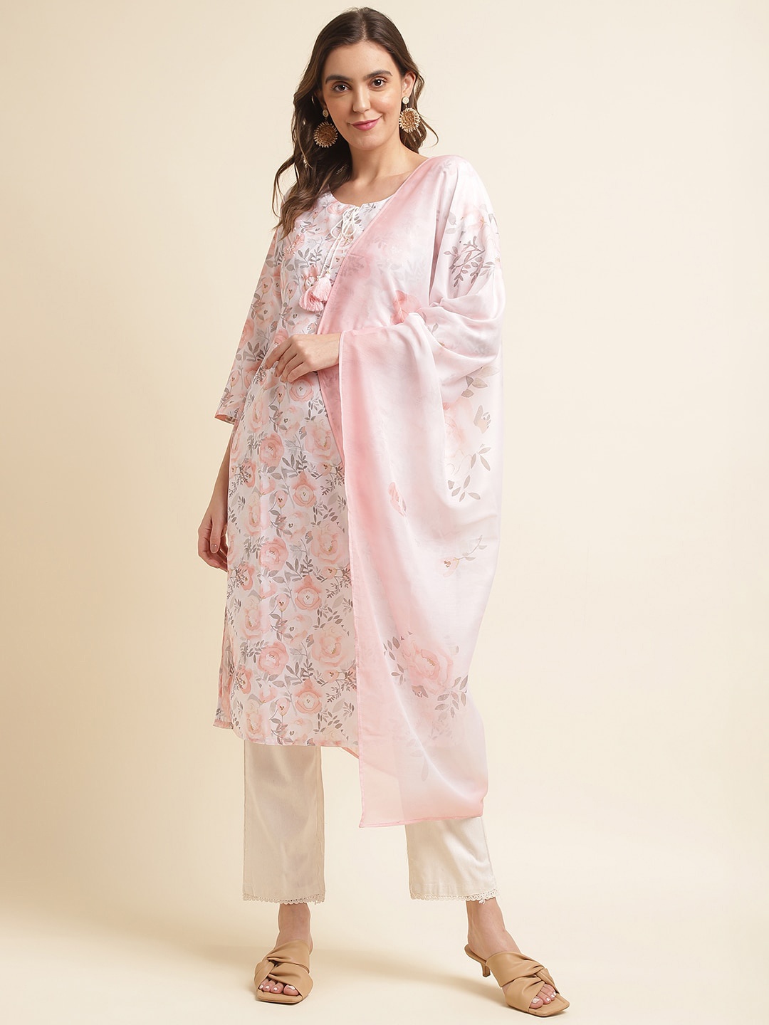 

Sangria Floral Printed Thread Work Tie-Up Neck Linen Kurta With Trouser & Dupatta, Off white