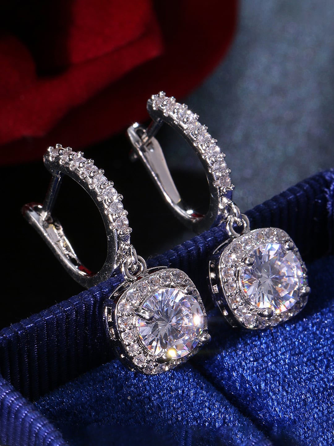 

Designs & You Silver Plated American Diamond Studded Geometric Drop Earrings