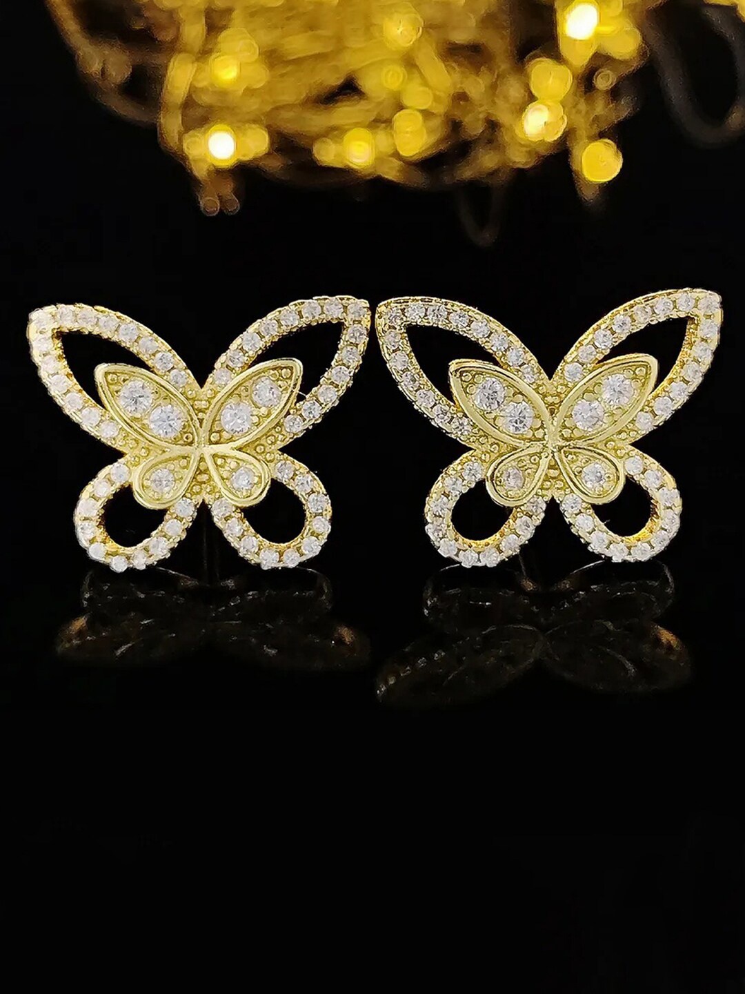 

Designs & You Gold-Plated Butterfly Shaped CZ-Studded Studs Earrings