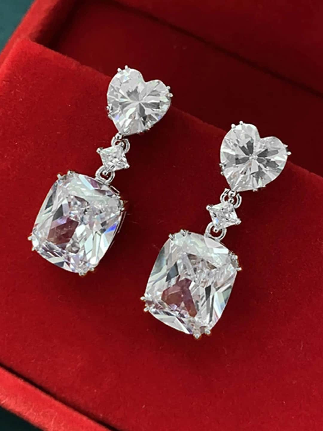 

Designs & You Silver-Plated Heart Shaped American Diamond-Studded Drop Earrings