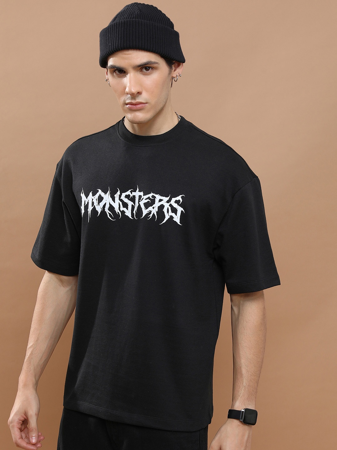 

HIGHLANDER Typography Printed Drop Shoulder Oversized T-shirt, Black
