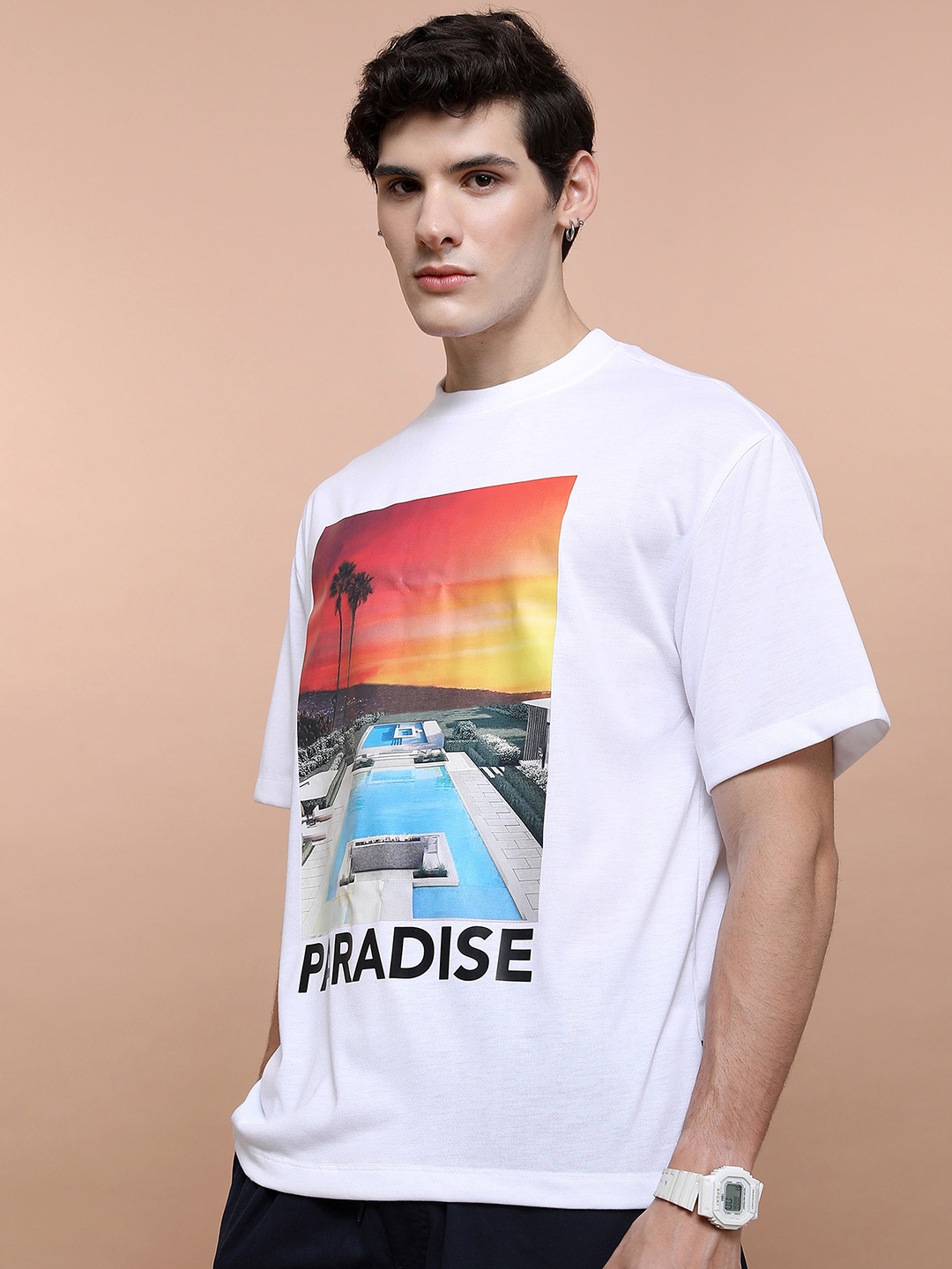 

HIGHLANDER Unisex Printed Extended Sleeves Drop-Shoulder Oversized T-shirt, White