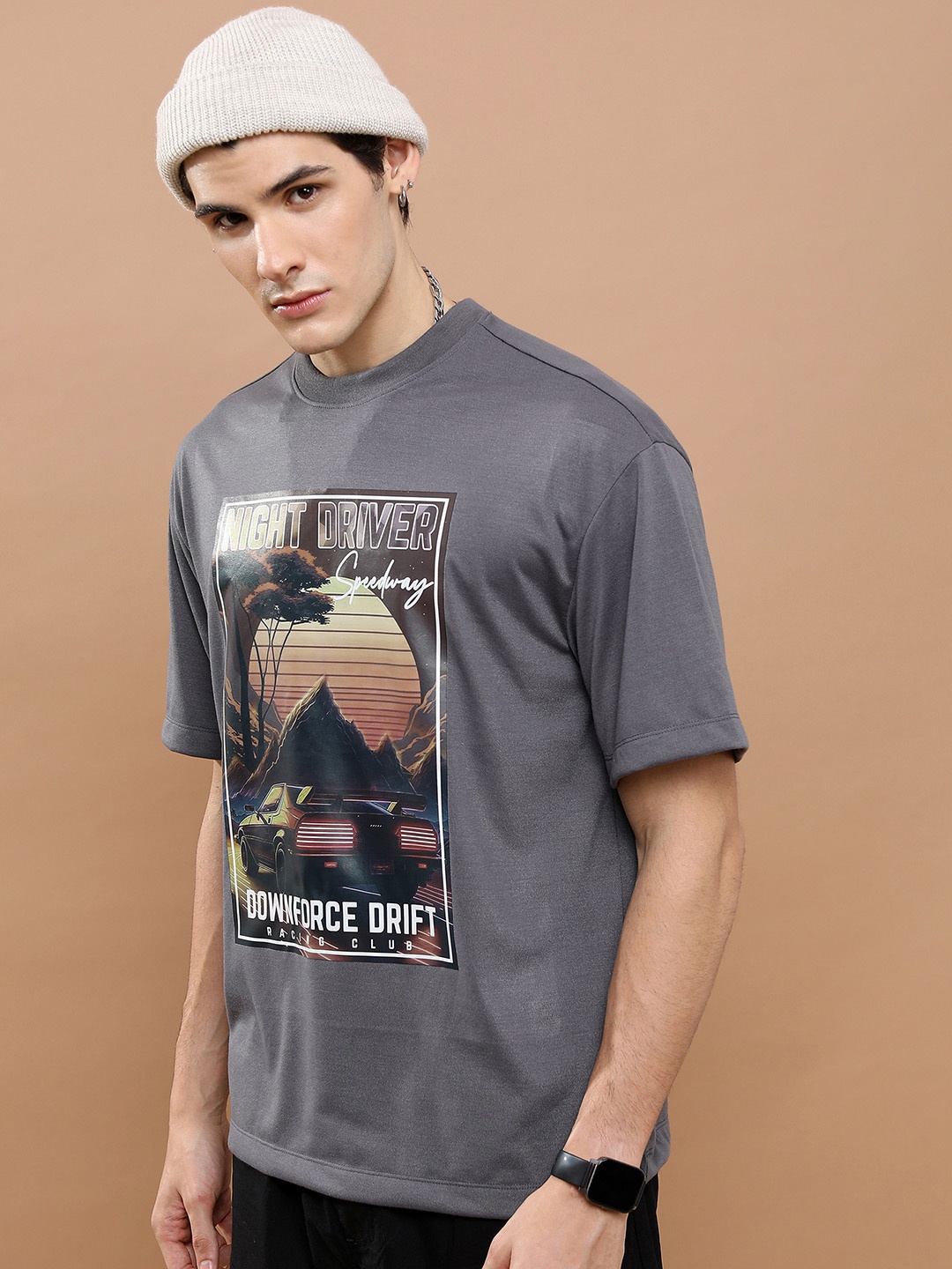 

HIGHLANDER Graphic Printed Drop Shoulder Oversized T-shirt, Grey