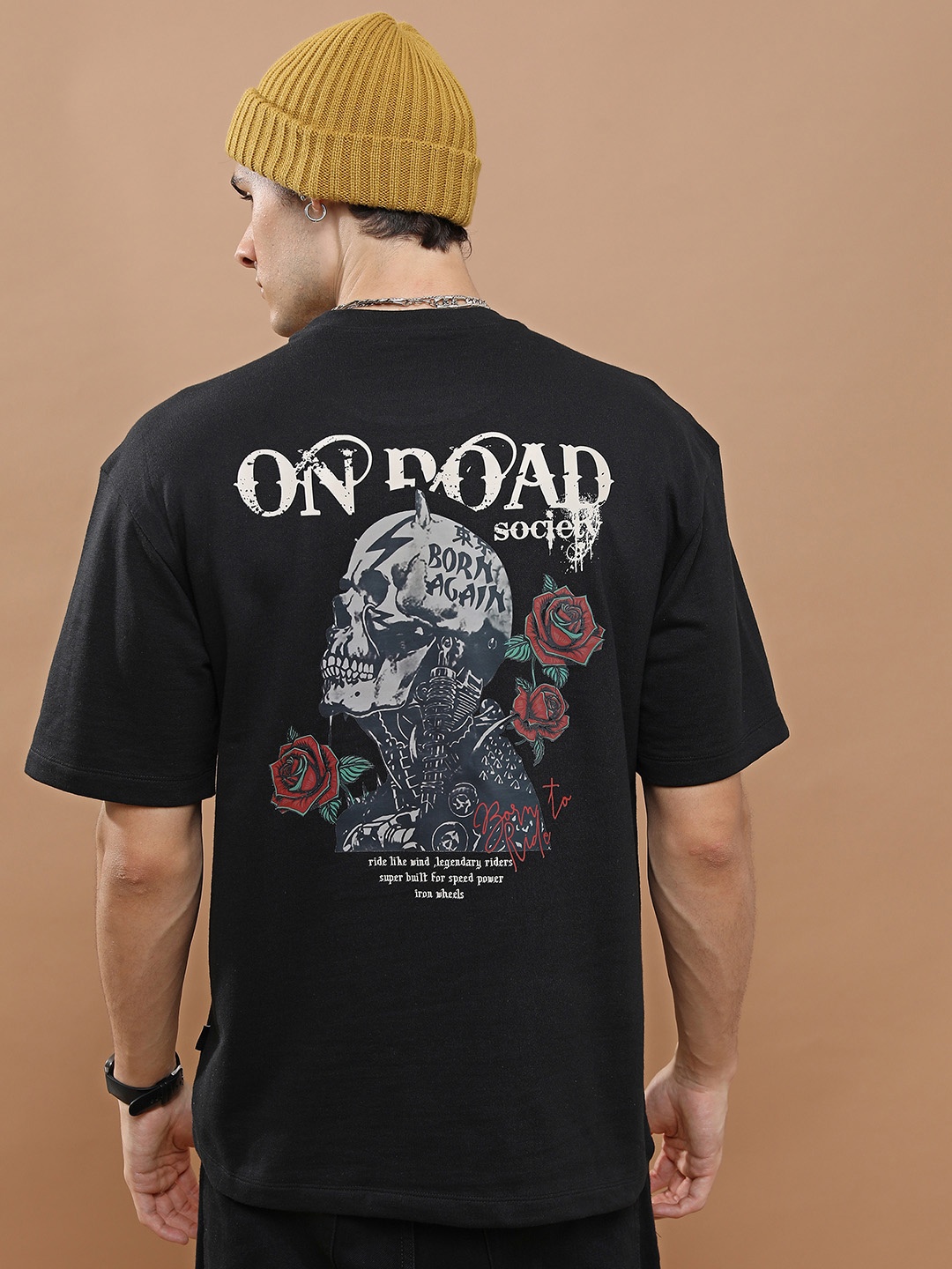 

HIGHLANDER Unisex Typography Printed Drop-Shoulder Oversized T-shirt, Black