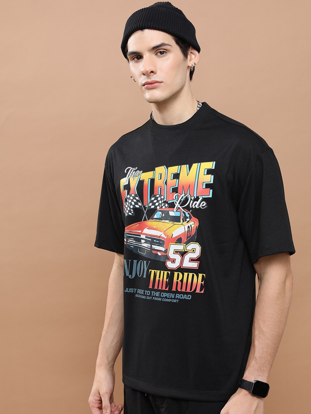 

HIGHLANDER Typography Printed Drop Shoulder Oversized T-shirt, Black