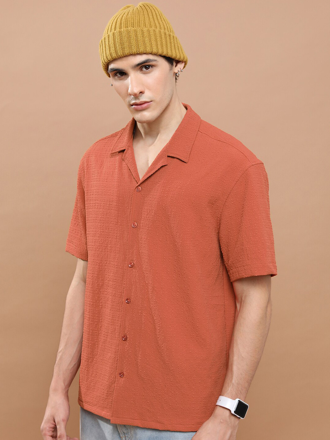 

HIGHLANDER Unisex Drop-Shoulder Oversized Textured Shirt, Rust