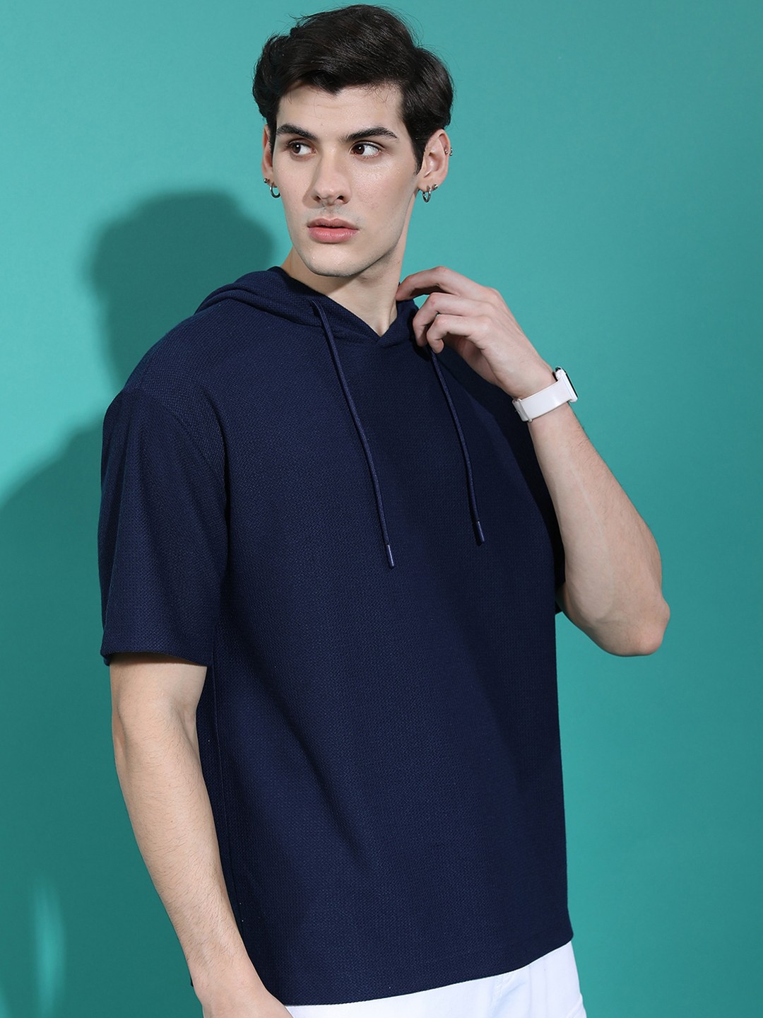 

HIGHLANDER Hooded Drop Shoulder Oversized Popcorn Structured T-shirt, Navy blue