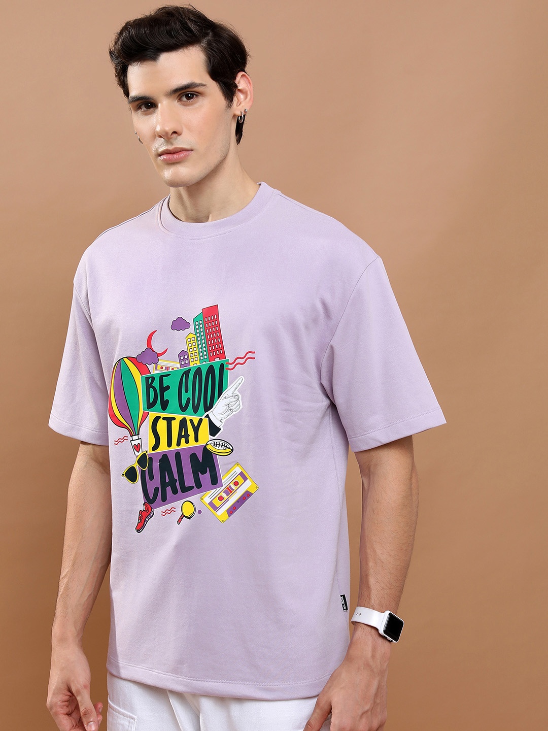 

HIGHLANDER Unisex Typography Printed Applique Drop-Shoulder Oversized T-shirt, Lavender